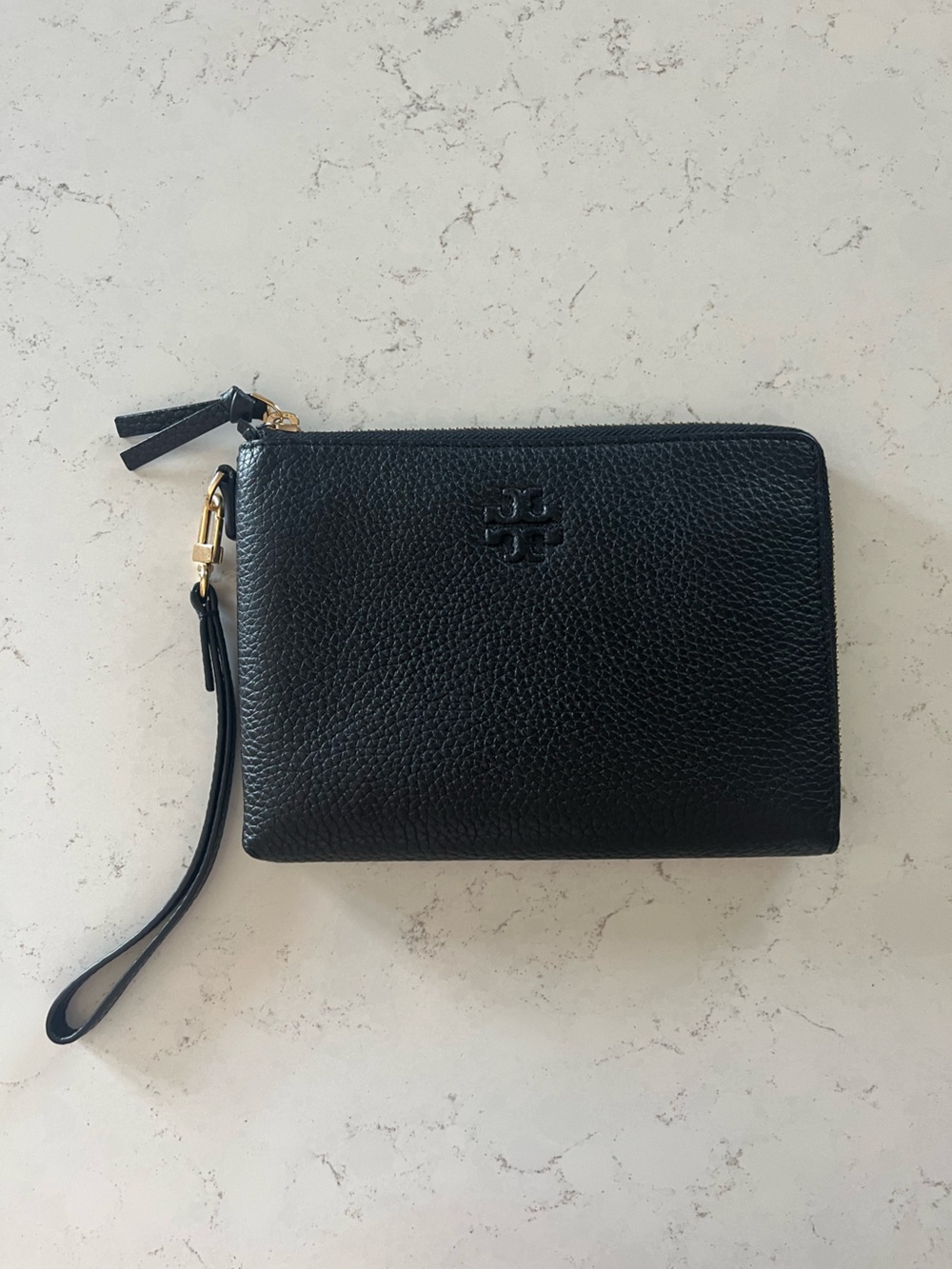 Tory Burch Black Pebbled Leather Zip Wristlet with Gold Hardware